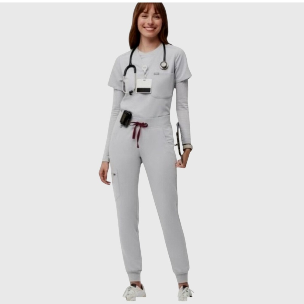 Figs Women's Light Gray Jogger with Burgundy Drawstring